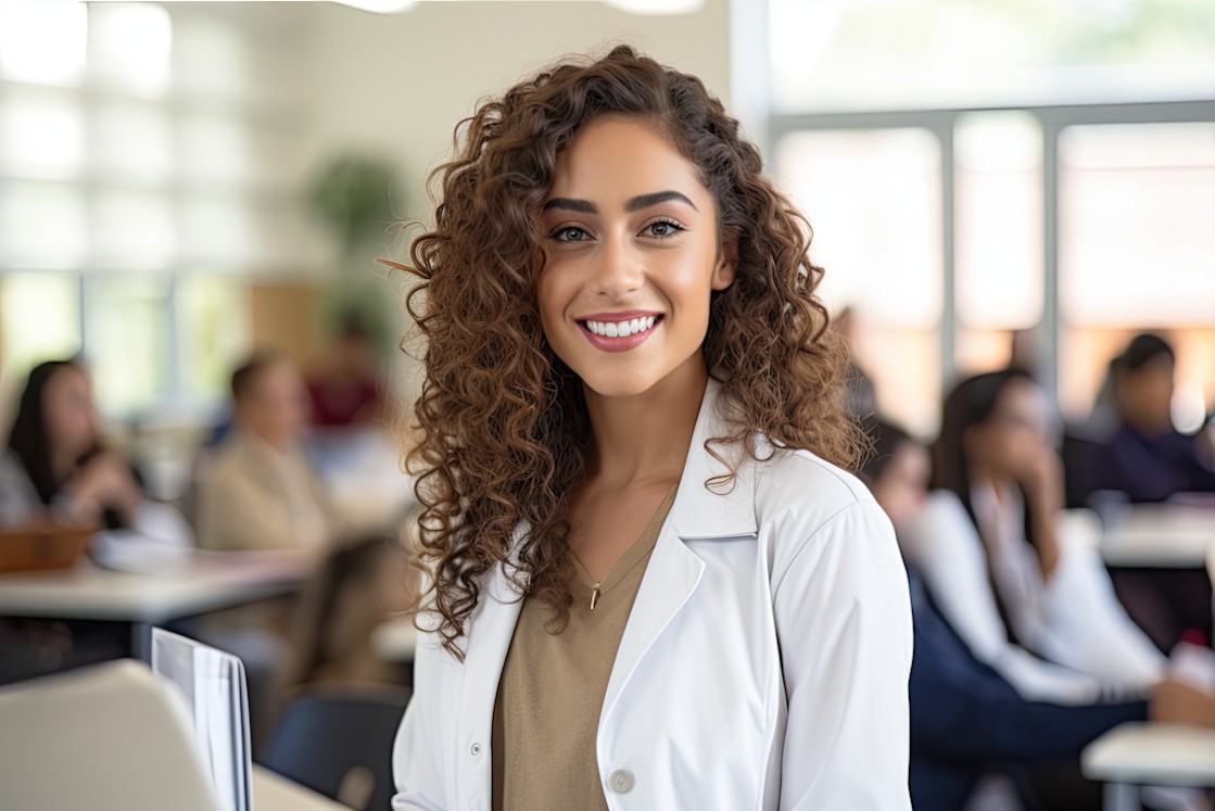 A woman in a lab coat is smiling confidently in front of a classroom, having successfully achieved a high MCCQE1 passing score.