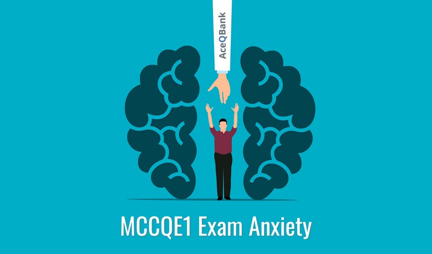 Illustration of a person holding their head with an image of a brain split in two and a hand labeled "Ace QBank" reaching down. Text below reads "MCCQE1 Exam Anxiety.