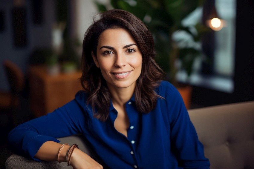 A woman with shoulder-length brown hair and a blue shirt is smiling while sitting on a sofa in a dimly lit room with plants, thinking about encouraging women to break the glass ceiling with MCCQE1.
