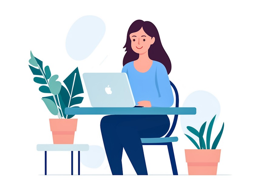 A woman sitting at a desk working on a laptop, with potted plants around, in a stylized illustration studying for MCCQE part 1.