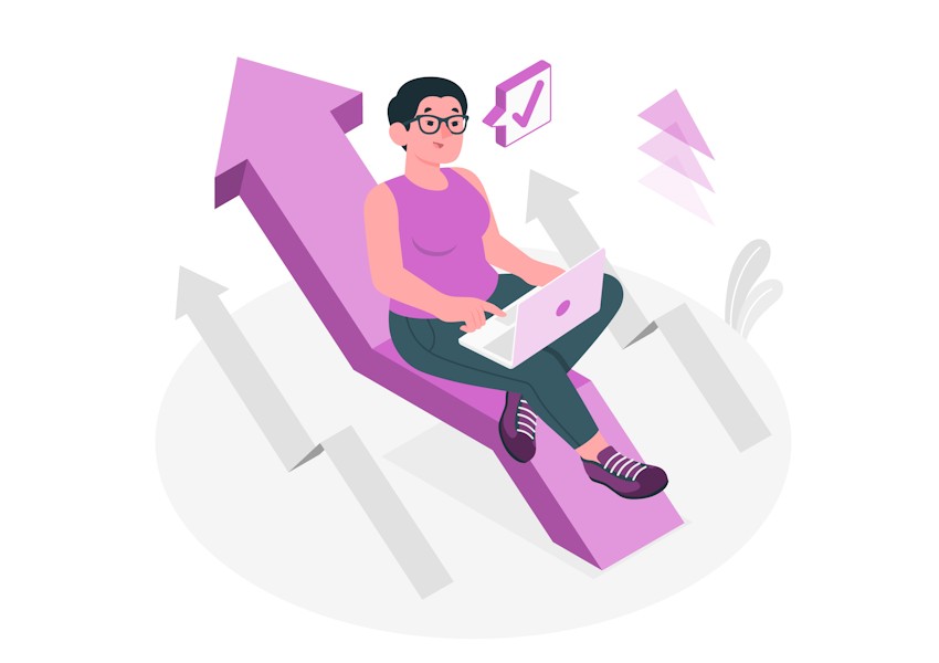 A person sits on a purple arrow pointing upwards, using a laptop, surrounded by icons representing the growth of knowledge with Ace QBank.