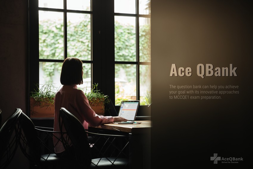A person sits at a table using a laptop near a window with plants. The text on the right advertises Ace QBank, highlighting its innovative approaches to MCCQE1 exam preparation and providing tips on how to overcome MCCQE1 exam anxiety.