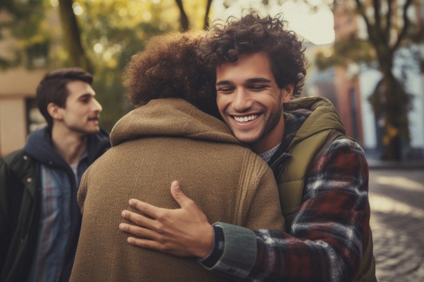 A group of three people are outdoors, with two of them embracing and smiling, and a third person in the background. They are dressed in warm, casual clothing, perhaps taking a break from discussing how to overcome MCCQE1 exam anxiety with tips from Ace QBank.