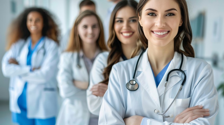 Portrait of a smiling female doctor in the foreground with a stethoscope, accompanied by three other blurred healthcare professionals in the background thinking about Ace QBank.