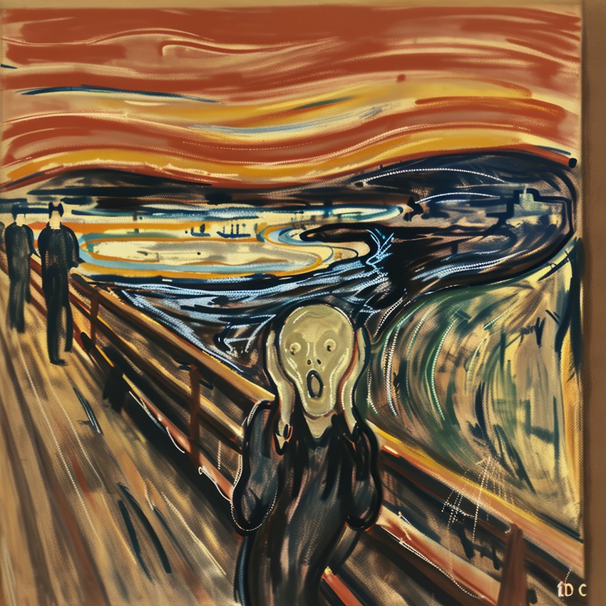 A person stands on a bridge with their hands on their face, appearing to scream, under a vivid red-orange sky with swirling patterns in the background—an evocative scene mirroring the MCCQE1 exam anxiety many feel.
