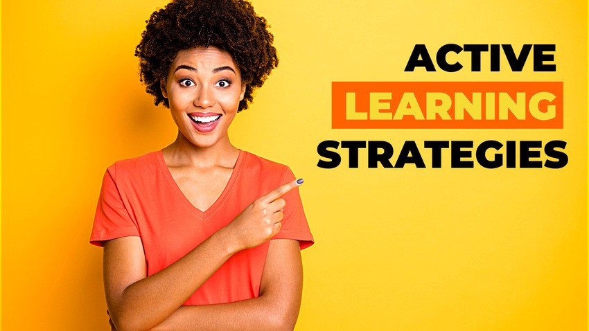 A person in an orange shirt points towards the text "Active Learning Strategies", emphasizing the importance of these techniques to conquer the future with MCCQE1 Result.