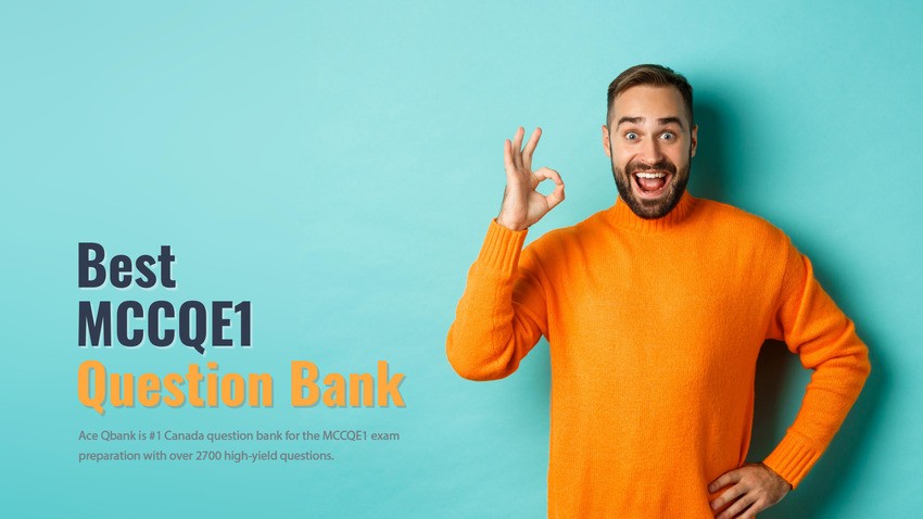 A man in an orange sweater making an "OK" hand gesture next to the text promoting the "Best MCCQE1 Question Bank" with over 2700 high-yield questions on how to practice effectively.