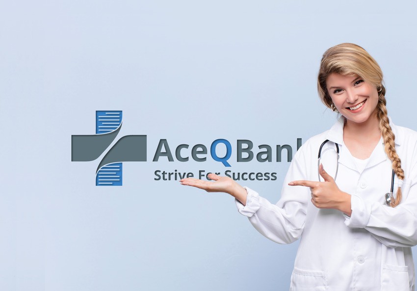 A woman in a white lab coat with a stethoscope around her neck points to a wall displaying the "Ace QBank: Strive For Success" logo, underscoring its importance for MCCQE1 exam preparation.
