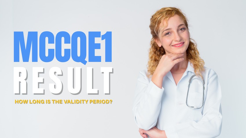 A woman in a white lab coat with a stethoscope around her neck stands next to text reading "MCCQE1 Result: How Long is the Validity Period?"—essential information for those engaged in MCCQE1 exam preparation and utilizing Ace QBank.