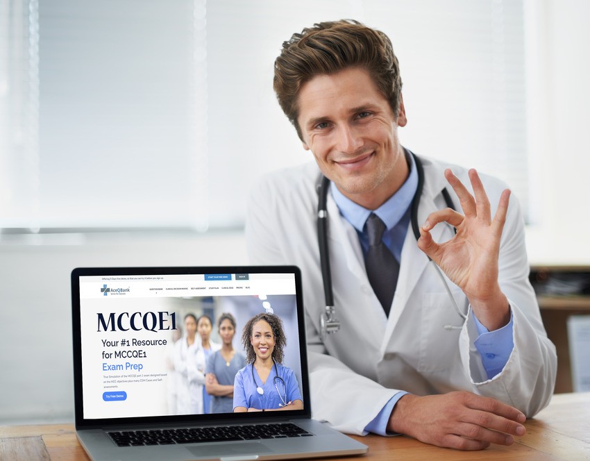 A doctor in a white coat sits behind a laptop displaying a webpage for MCCQE1 exam preparation. The doctor is smiling and making an "OK" hand gesture, evidently confident after checking the latest MCCQE1 Qbank update on Ace QBank.