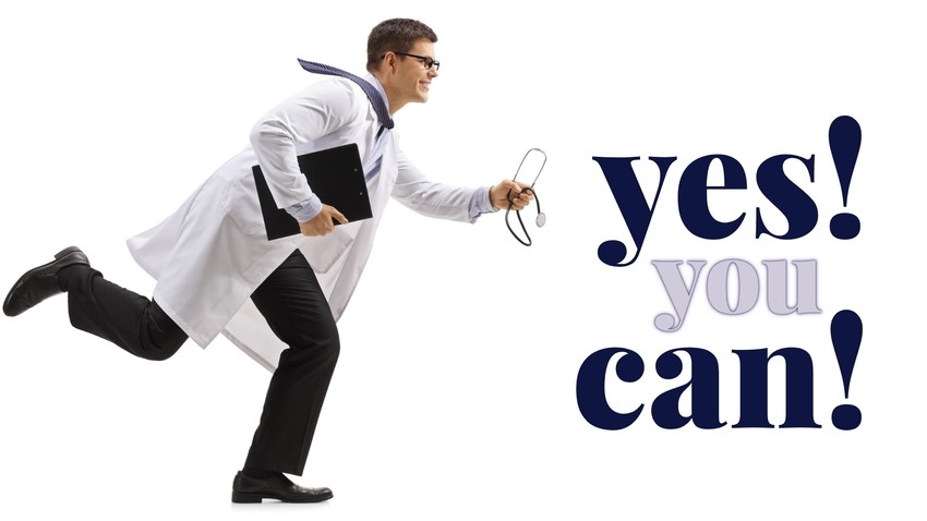 A man in a white coat runs holding a clipboard and stethoscope, with the text "yes! you can!" in bold lettering beside him, inspiring confidence for MCCQE1 exam preparation.