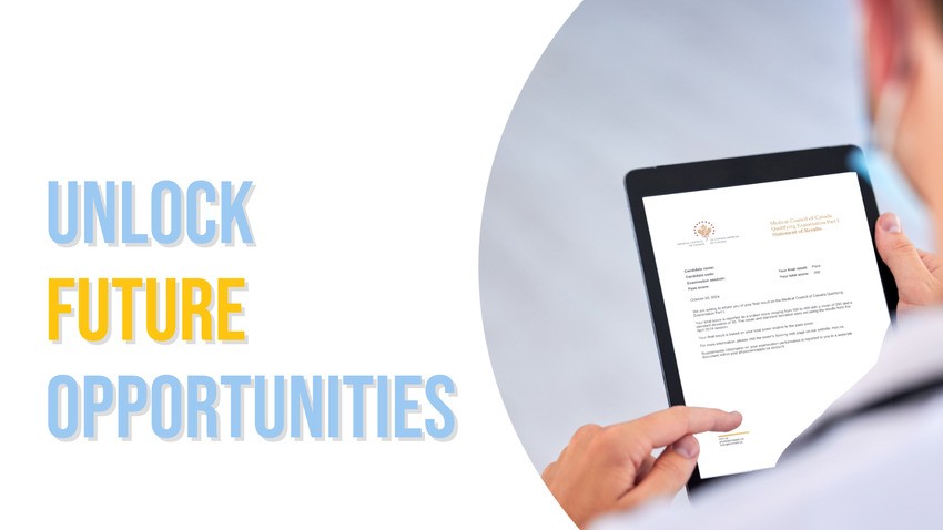 A person holding a tablet displaying a document with the text "Unlock Future Opportunities" on the left side of the image, emphasizing Ace QBank's role in MCCQE1 exam preparation.