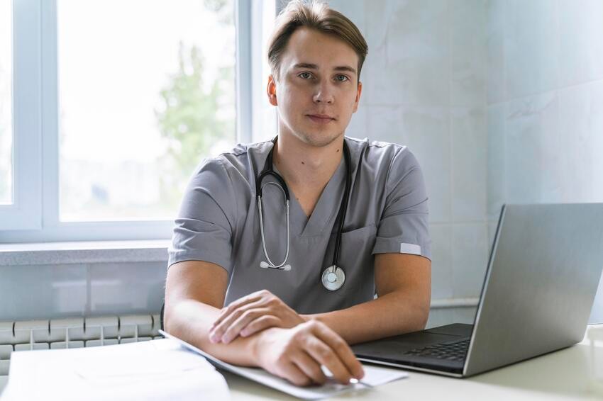 A male doctor with a stethoscope around his neck sits at a desk, reviewing medical documents and preparing diligently for the MCCQE1 exam on his laptop.