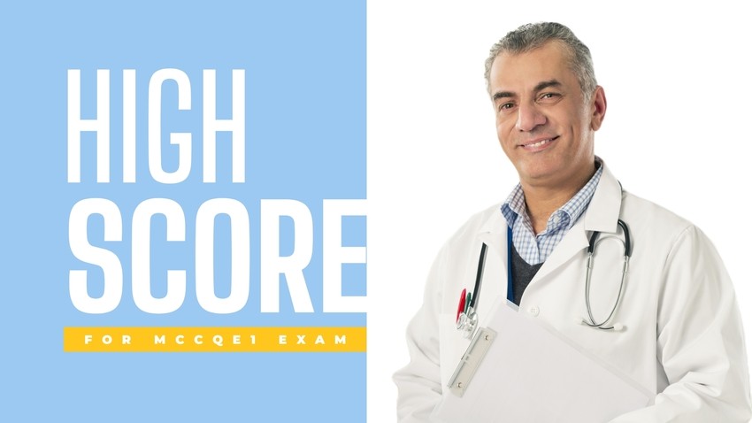 A doctor in a white coat and stethoscope smiles while holding a clipboard. The text beside him reads "HIGH SCORE for MCCQE1 Exam with Ace QBank.