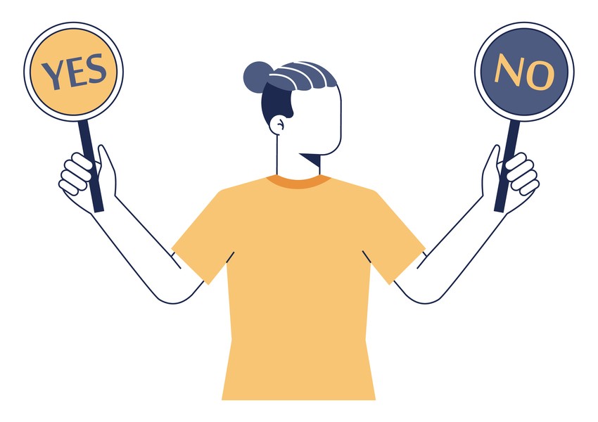 Illustration of a faceless person wearing an orange shirt with hair in a bun, holding a "YES" sign in one hand and a "NO" sign in the other, symbolizing the challenge of balancing health and study while preparing for MCCQE1.