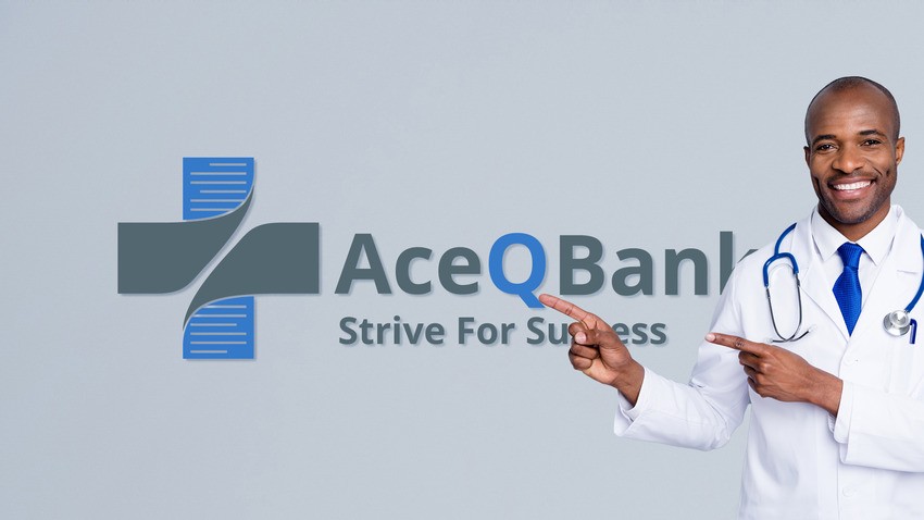 A doctor in a white coat and stethoscope points at a logo on the wall that reads "Ace QBank Strive For Success," emphasizing its essential role in MCCQE1 exam preparation.