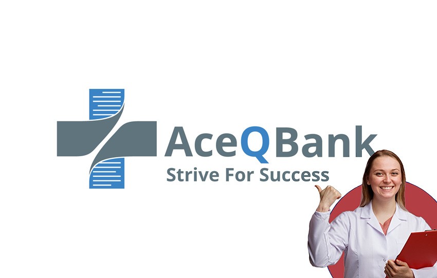 Ace QBank logo with the slogan "Strive For Success," featuring a person in a lab coat smiling and pointing at the Ace QBank logo, perfect for MCCQE1 exam prep.