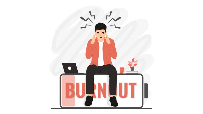 Illustration of a stressed person sitting on a battery labeled "Burnout," clutching their temples. Next to them are a laptop, coffee mug, and potted plant, hinting at the pressures of MCCQE1 exam preparation.