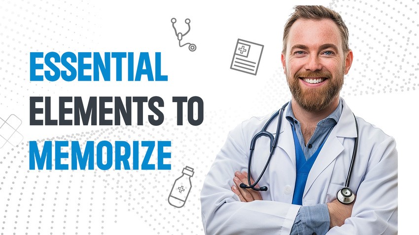 A male healthcare professional in a lab coat and stethoscope smiles beside the text "Essential Elements to Memorize" with medical icons in the background, perfect for MCCQE1 exam preparation.