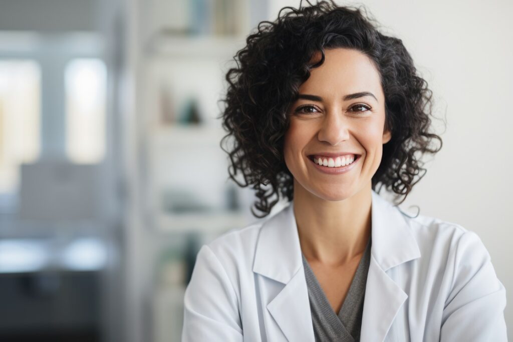 A smiling woman with curly hair, wearing a white lab coat, stands in a bright room with shelves in the background, clearly focused on her MCCQE1 exam preparation.