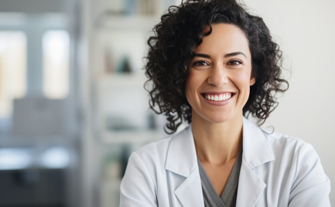 A smiling woman with curly hair, wearing a white lab coat, stands in a bright room with shelves in the background, clearly focused on her MCCQE1 exam preparation.