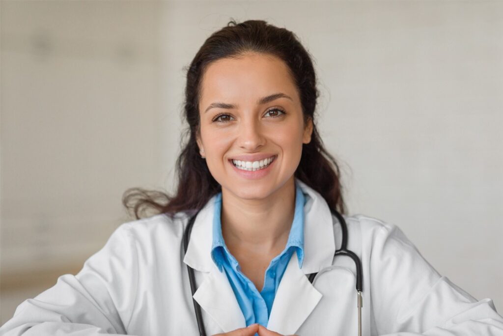 A woman in a white medical coat and blue shirt, wearing a stethoscope, smiles at the camera. She is seated in a neutral indoor setting, effortlessly balancing health and study as she prepares for the MCCQE1 exam with Ace QBank.