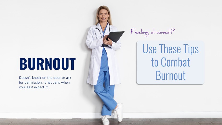 A healthcare professional in a lab coat and scrubs stands against a wall. Text on the image reads: "Burnout doesn't knock on the door or ask for permission, it happens when you least expect it. Use these tips to combat burnout, especially during your MCCQE1 exam preparation.