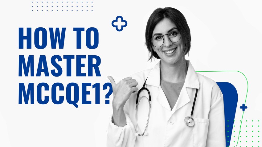 A doctor with a stethoscope is smiling and gesturing with a thumbs up next to the text "How to Master MCCQE1? Use Ace QBank for effective MCCQE1 exam preparation.