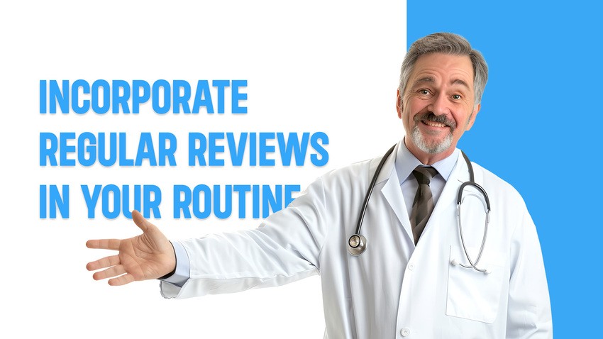 A middle-aged male doctor in a white coat and stethoscope gestures to the text "Incorporate Regular Reviews in Your Routine" on a blue and white background, emphasizing the importance of MCC objectives for MCCQE1 exam preparation.