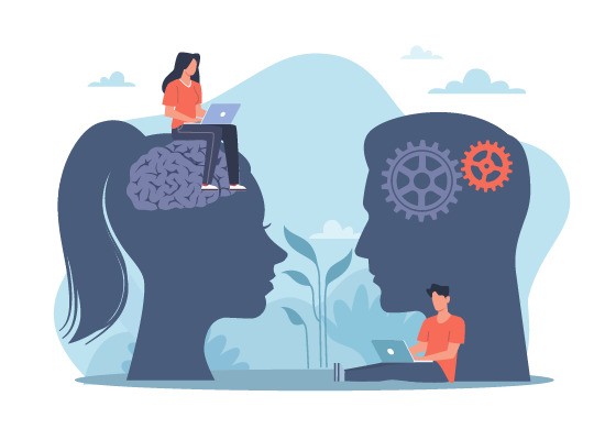 Illustration of two human profiles with people using laptops, representing Ace QBank and MCCQE1 exam preparation. One profile has a brain visible, and the other has gears. A man and a woman sit on and near the profiles respectively, symbolizing focused MCCQE1 study.