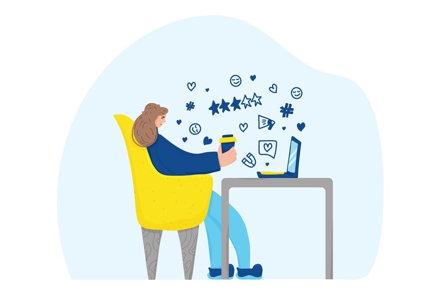 Person sitting in a yellow chair at a desk with a laptop, holding a cup. Blue social media icons such as hearts, stars, and thumbs up are depicted around the laptop. Instead of procrastination, they could be using Ace QBank to prepare for the MCCQE1.