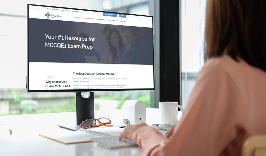 A person is using a computer to view a website titled "Your #1 Resource for MCCQE1 Exam Prep." The website features information on the Ace QBank, designed to help you avoid procrastination and boost your MCCQE1 prep effectively.