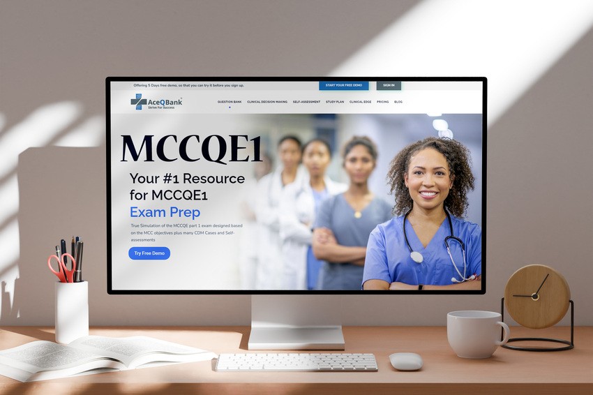 A computer screen displaying an MCCQE1 exam prep resource website by Ace QBank, showing a group of healthcare professionals in the background. Balancing health and study is emphasized, with a cup and clock placed beside the monitor.