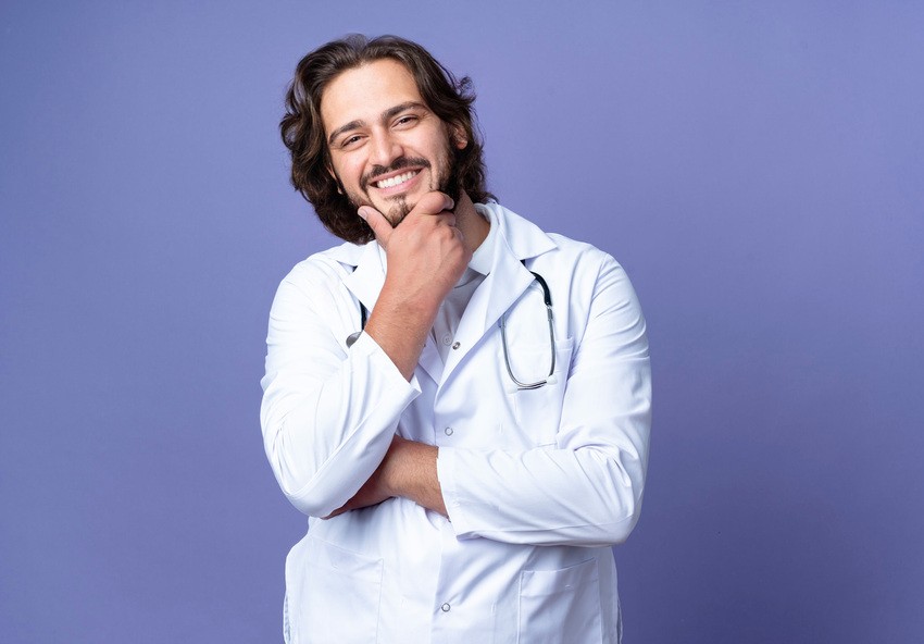 A male doctor with long hair and a beard stands against a purple background, smiling and holding his chin with his right hand, wearing a white lab coat and a stethoscope around his neck, embodying the essence of balancing health and MCCQE1 exam preparation.