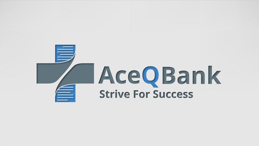 Logo of AceQBank with the slogan "Strive For Success" below. The design features a plus symbol made up of stylized folded paper pages, embodying the spirit of "Acing MCCQE1 Unlock Your Future in Canada.