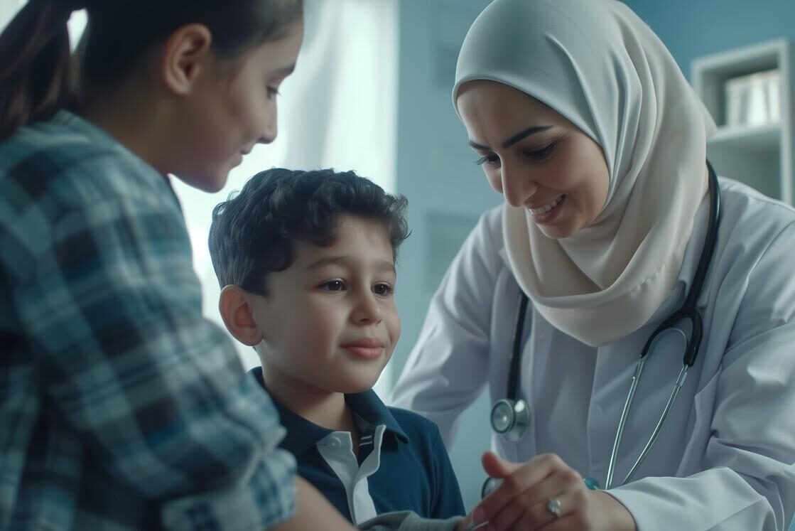 A female doctor in a hijab, wearing a stethoscope, examines a young boy's arm while a woman stands beside them, watching. The setting appears to be a medical clinic optimized for Acing MCCQE1 Unlock Your Future in Canada with Ace QBank resources.