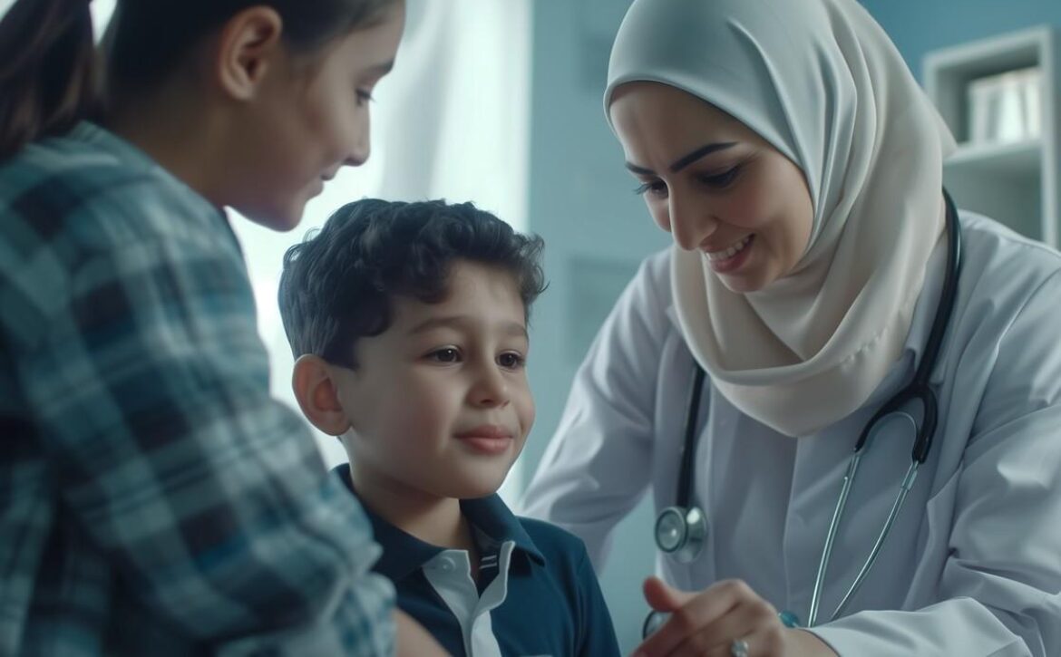 A female doctor in a hijab, wearing a stethoscope, examines a young boy's arm while a woman stands beside them, watching. The setting appears to be a medical clinic optimized for Acing MCCQE1 Unlock Your Future in Canada with Ace QBank resources.