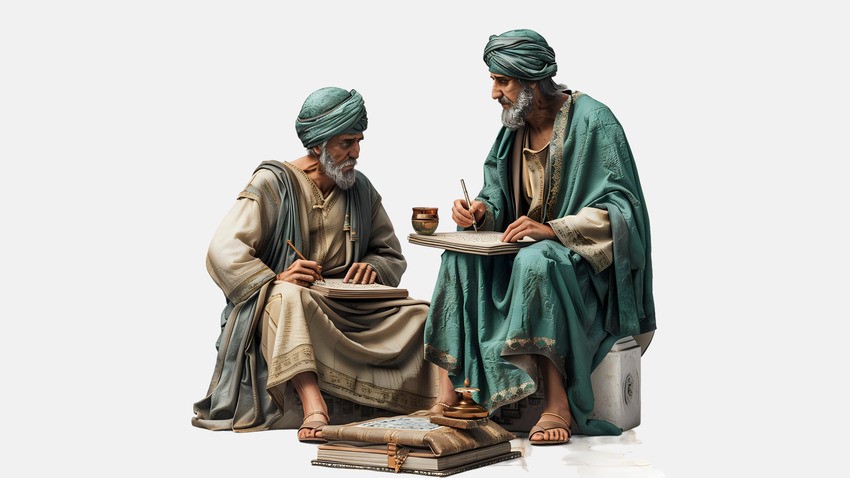 Two elderly men in traditional robes and turbans are sitting and writing on scrolls and books. One is seated on a stool while the other sits on the floor. Both appear focused, as though engaged in intense medicine history study or MCCQE1 exam preparation.