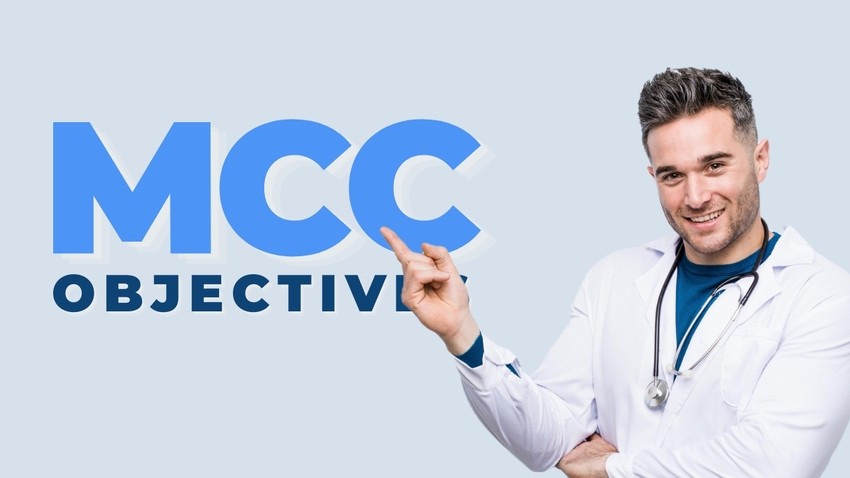 A male doctor wearing a white coat and stethoscope points to the large text "MCC OBJECTIVES" on a light blue background, highlighting how Ace QBank can be your quick shortcut for MCCQE1 success.