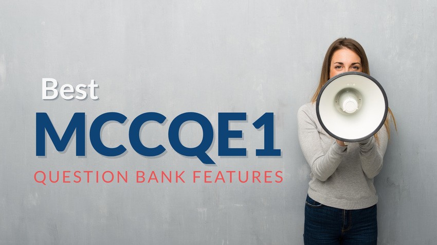 A person holding a megaphone stands next to the text "Best MCCQE1 Question Bank Features" against a plain gray background, highlighting the crucial role of tutor & time mode in MCCQE1 exam preparation.