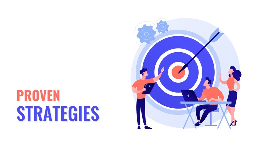 An illustration of three people discussing business strategies near a dartboard with a dart hitting the bullseye. The text "Proven Strategies" is displayed on the left side, symbolizing how Acing MCCQE1 Unlock Your Future in Canada can help you hit your goals flawlessly.