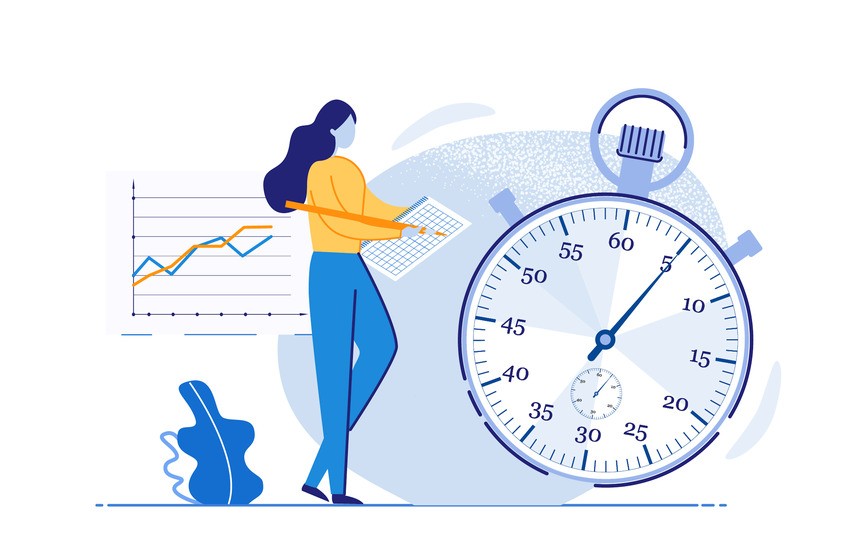 Illustration of a person holding a clipboard, standing beside a large stopwatch, with a rising line graph in the background, symbolizing efficient MCCQE1 exam preparation.