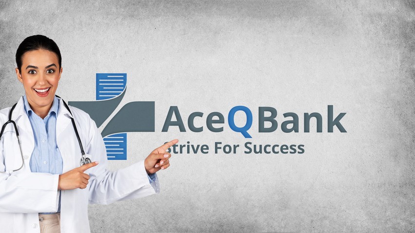 A smiling woman in a white lab coat points to the Ace QBank logo with the tagline "Strive For Success" on a gray background, highlighting its valuable resource for MCCQE1 preparation.