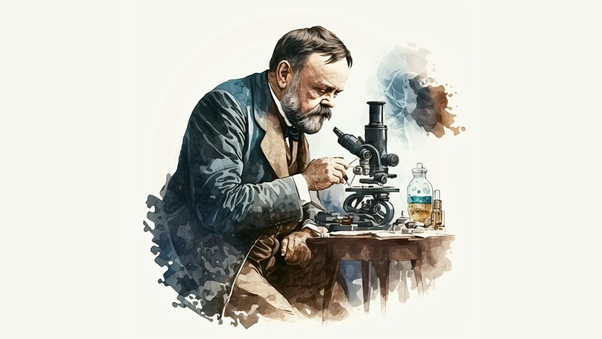 An older man in period clothing examines something under a microscope on a wooden table, with scientific equipment nearby, reminiscent of Louis Pasteur's contributions to medicine history.