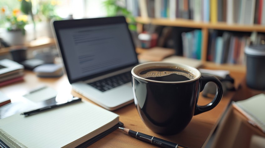 A black coffee mug sits on a cluttered desk with an open laptop, notebooks, and pens—a telltale sign of MCCQE1 exam preparation. In the background, a bookshelf filled with books and Ace QBank study resources is visible.