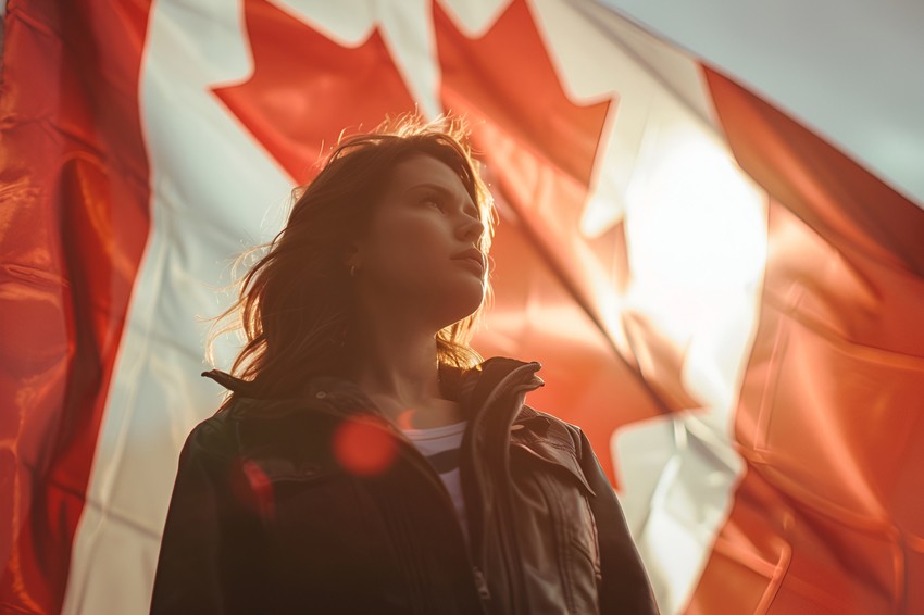 A person standing in front of a large Canadian flag illuminated by sunlight, with a confident smile that suggests they are ready to ace MCCQE1 and unlock their future in Canada.