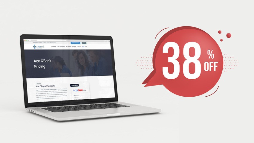 A laptop is displaying a pricing page with a red speech bubble showing "38% OFF" Ace QBank premium package, which is perfect for MCCQE1 exam preparation.