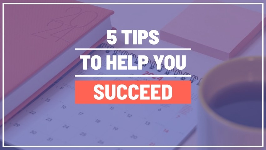 Image featuring the text '5 Tips to Help You Succeed' over a background with a calendar, notebook, sticky notes, and a cup of coffee. Perfect preparation tips for acing QBank and boosting your MCCQE1 pass rate in the Canadian Medical Licensing Exam.