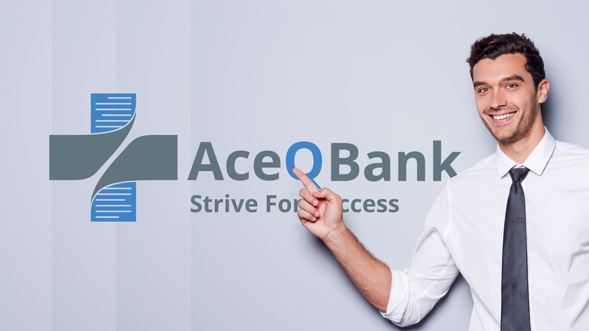 A man points to a logo on the wall with the text "AceQBank, Strive For Success." This dedicated professional emphasizes how Ace QBank is essential for MCCQE1 exam preparation.