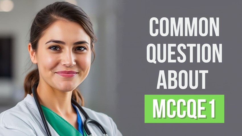 A woman wearing a stethoscope smiles, standing next to text that reads, "Common Questions About MCCQE1 Exam Preparation".